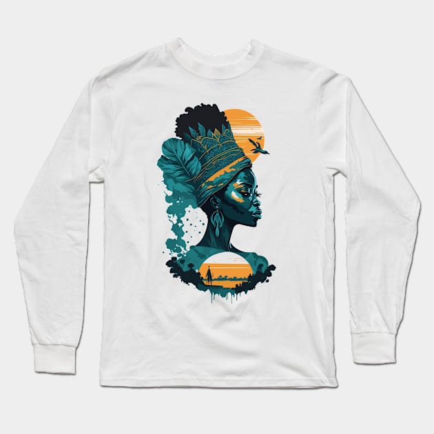 Teal African Queen Long Sleeve T-Shirt by Luvleigh